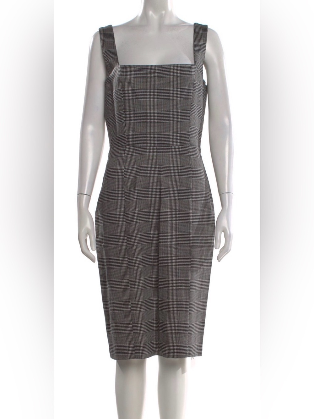 Reformation Gray Plaid Midi Sheath Dress With Squared Neck and concealed zipper
